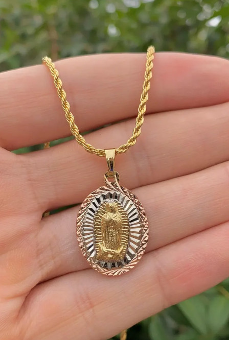 Virgin Mary of Gadalupe Two Tone Necklace 17″ Pendant For Womens Ladies Cadena