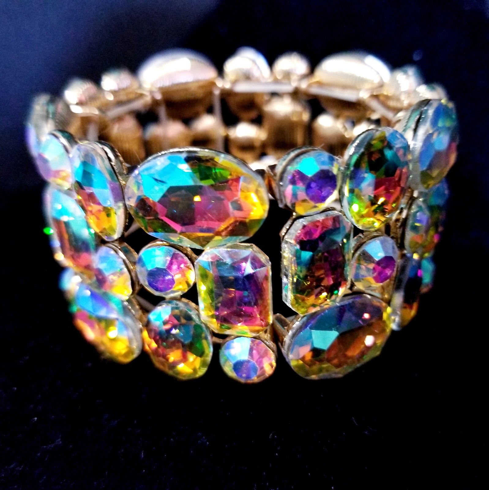 Iridescent Gold Rhinestone Stretch Bracelet Statement Drag Pageant Prom Bridal