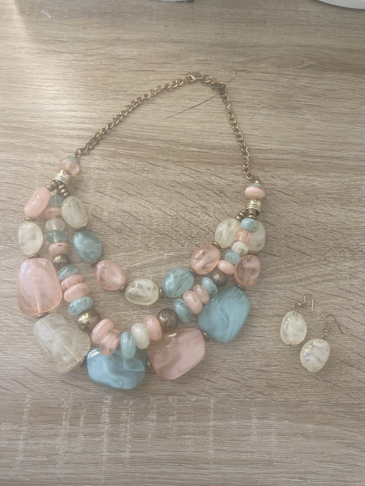 Chunky Pastel Pink Blue Beaded Statement Necklace & Earrings Set