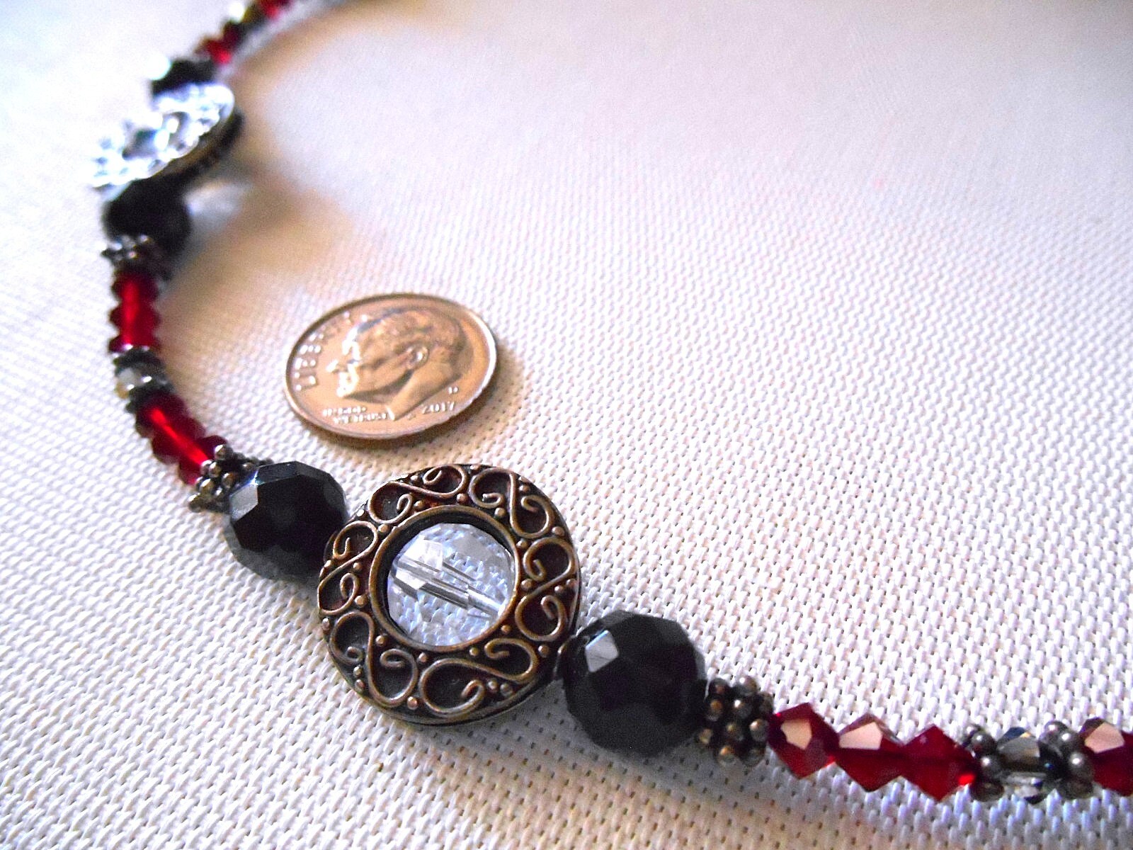 Bronzetone Red / Black / Clear Beaded Choker Necklace