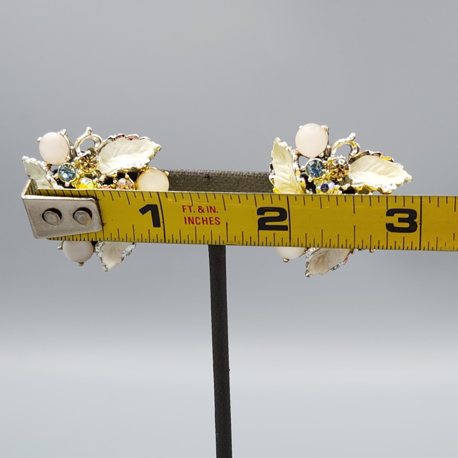 Vintage White Moonglow Enamel Pastel Rhinestone Floral Necklace & Clip Earrings