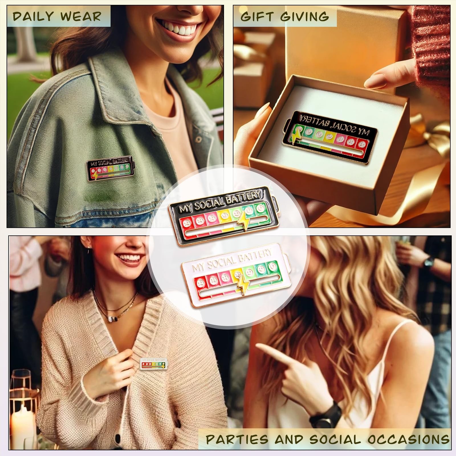 Black/White Social Battery Slider Pin, 7‑Day Funny Mood Brooch for Bags & Hats