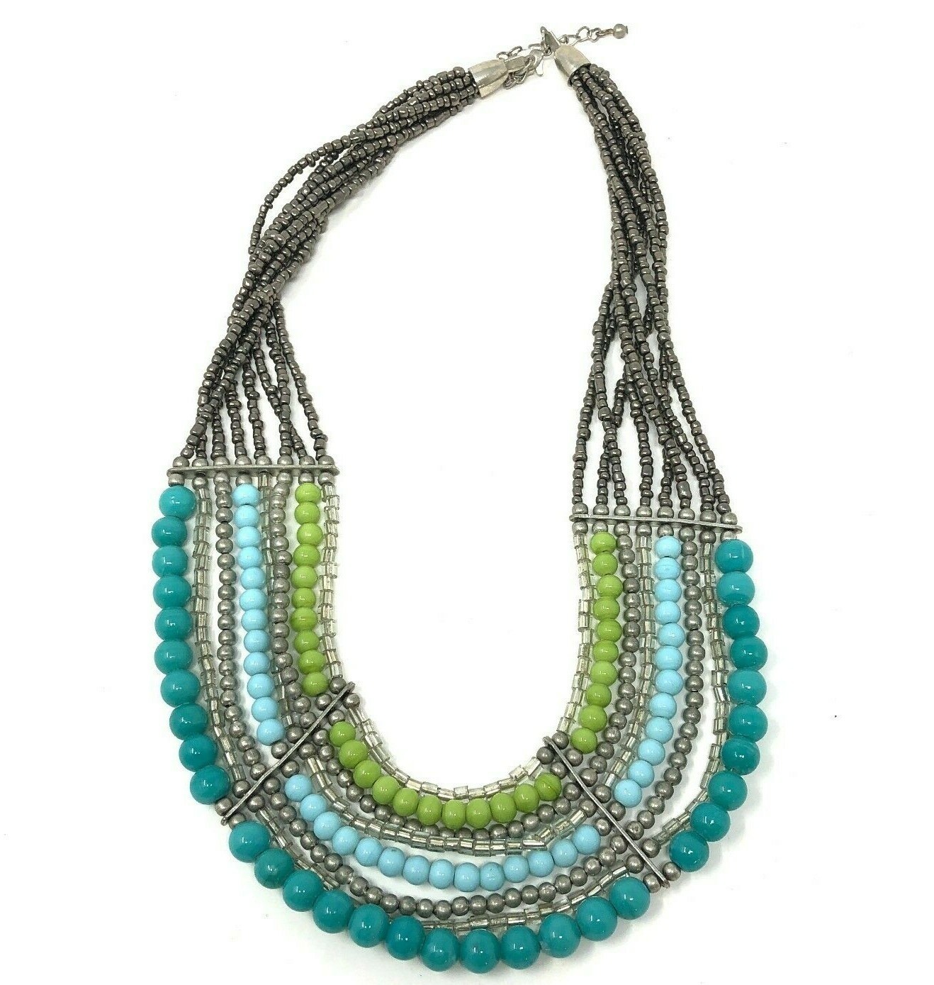 Statement Necklace Green Blue Silver Beads 7 Strand Unsigned 20″