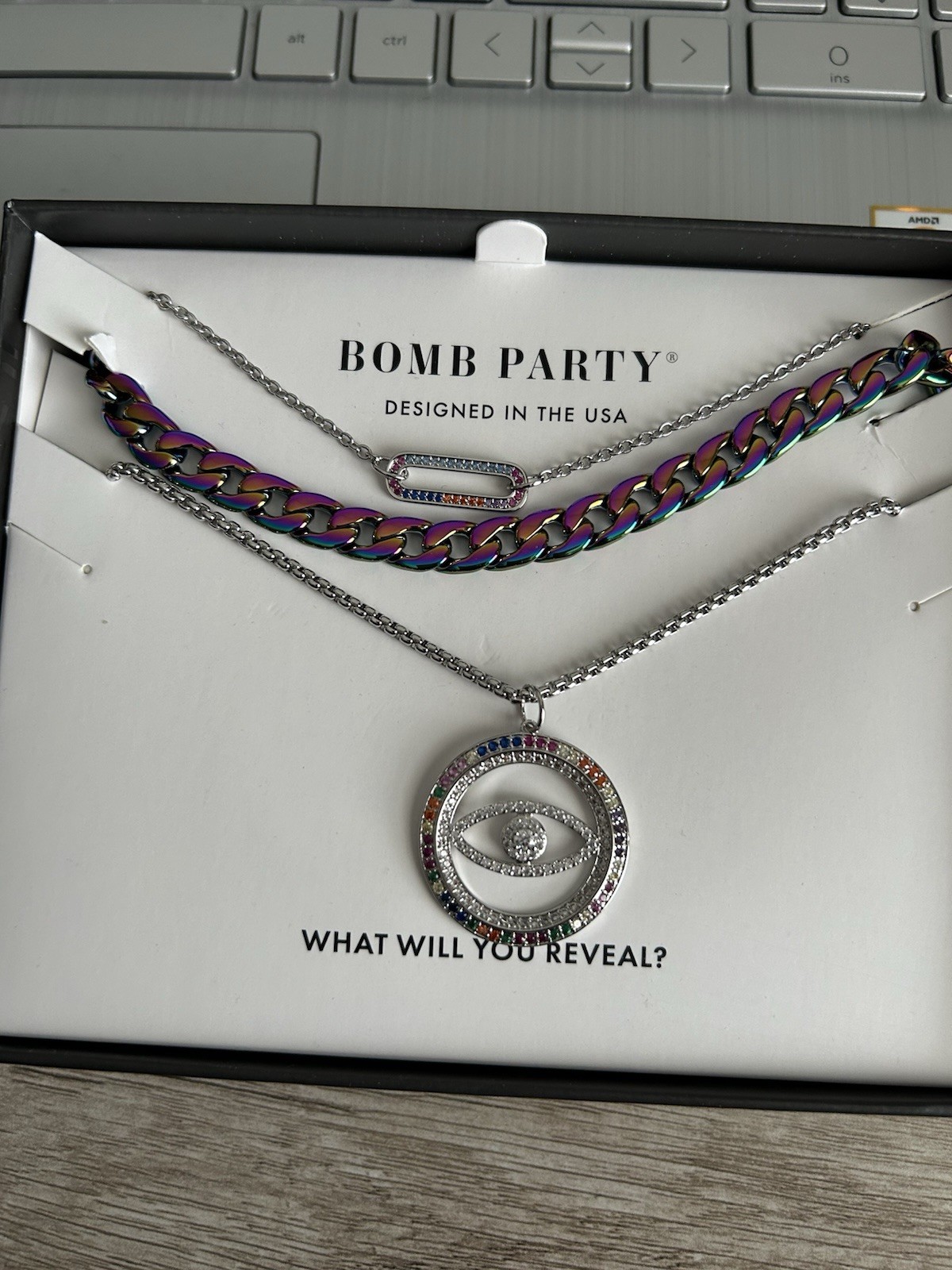 Bomb Party Lux Layers Spring 2023 3 Necklaces Evil Eye Rainbow New