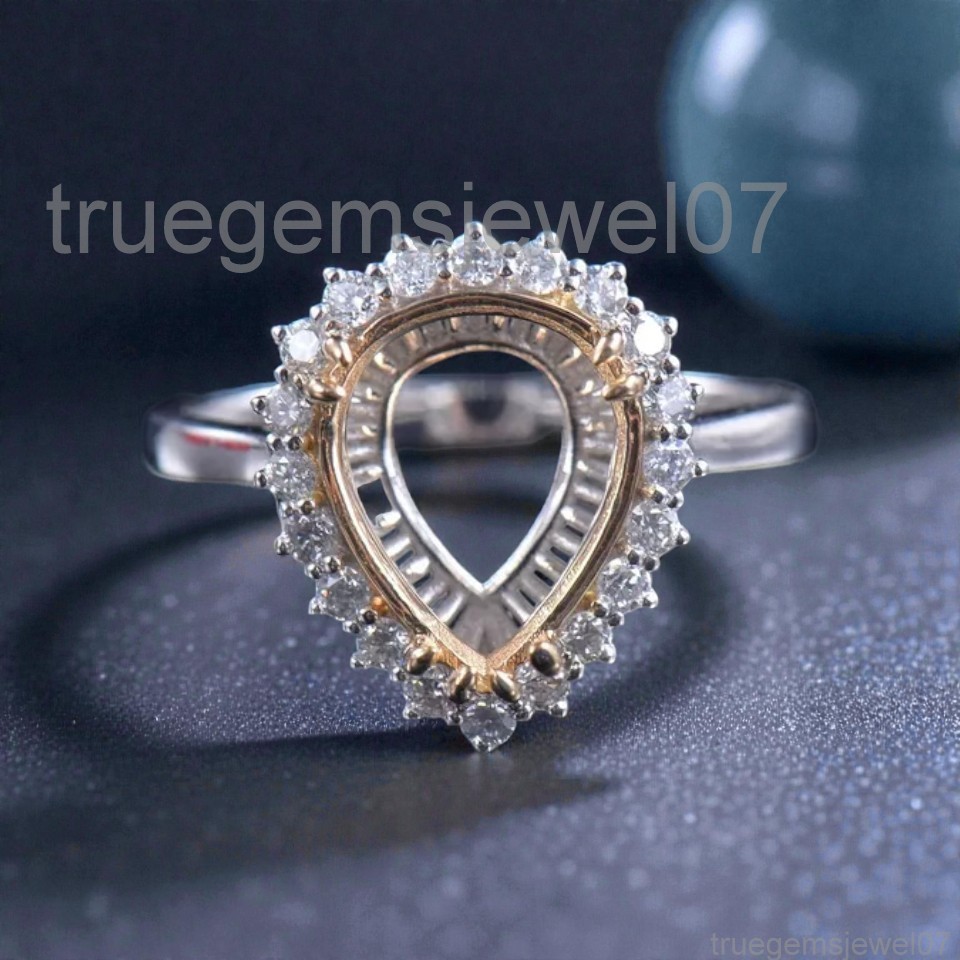 Two-Tone Semi-Mount Ring Setting 11x8mm Pear Cut Sterling Silver Engagement Ring