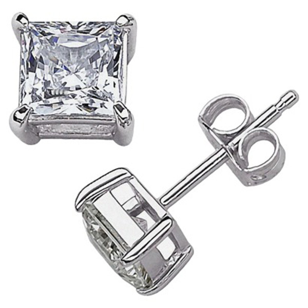 4mm-10mm 14K 925 STERLING SILVER ZIRCON PRINCESS CUT STUD EARRINGS SQUARE