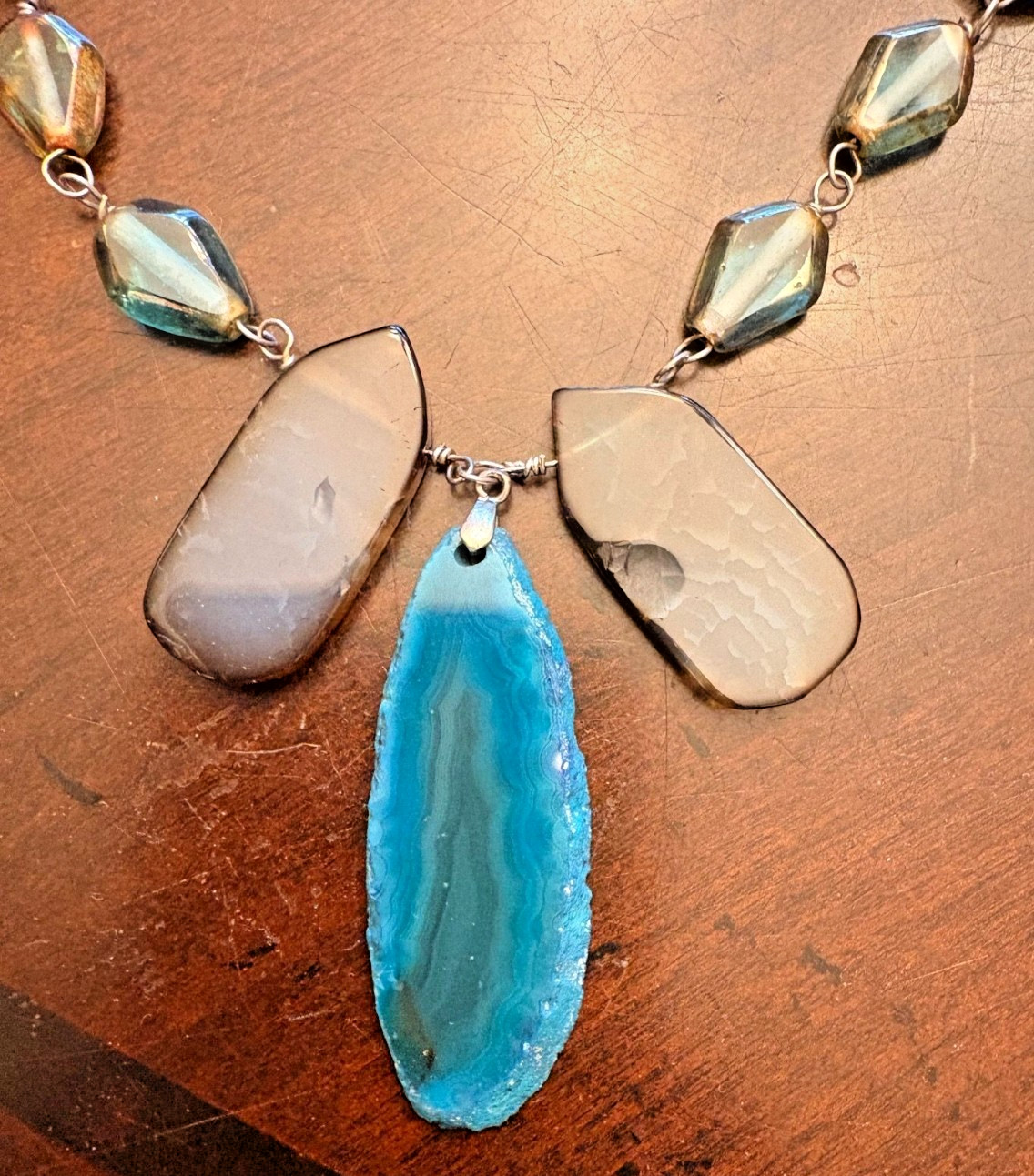 TOVA Beverly Hills Agate Slice Statement Necklace Boho Art Glass Beaded Chunky