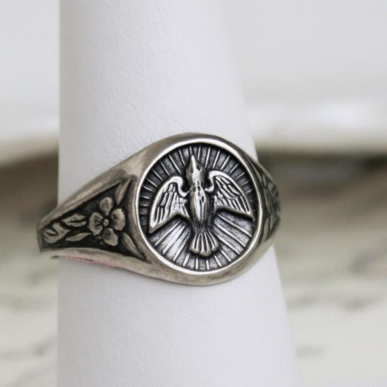 Vintage Holy Spirit Dove Signet Ring 925 Sterling Silver Christian Flower New