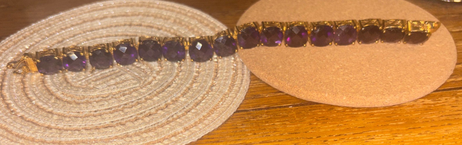 Elegant 7-Inch Gold-Tone Purple Stone Link Bracelet 925