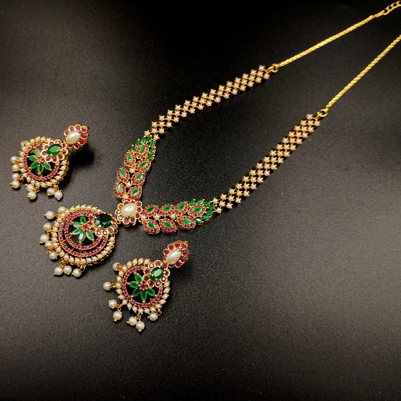 Vintage Style Ruby Emerald Pearl Necklace 22k Gold Plated Handmade Set
