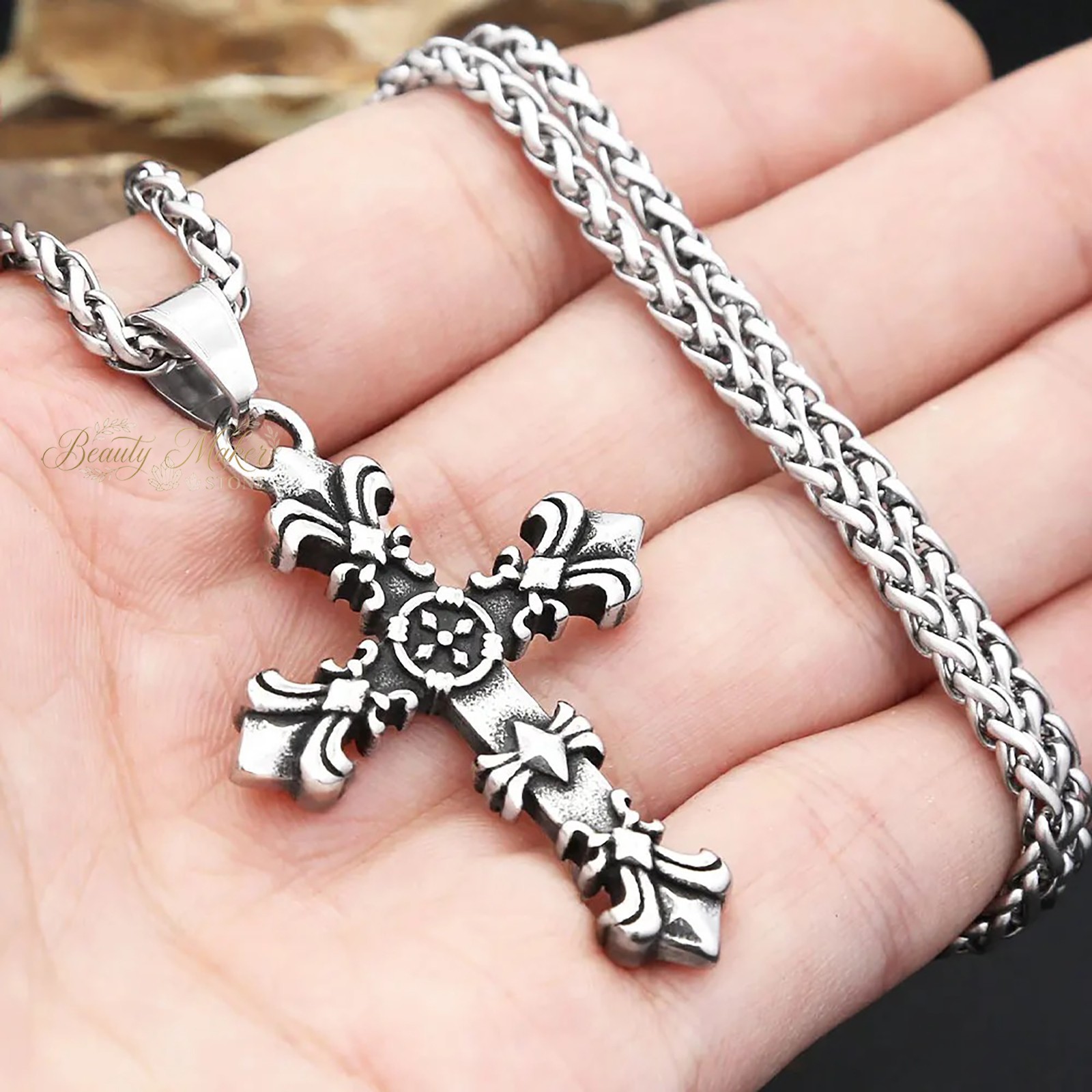 Retro Fleur De Lis Cross Pendant Necklace Men Stainless Steel Gothic Biker Jewel