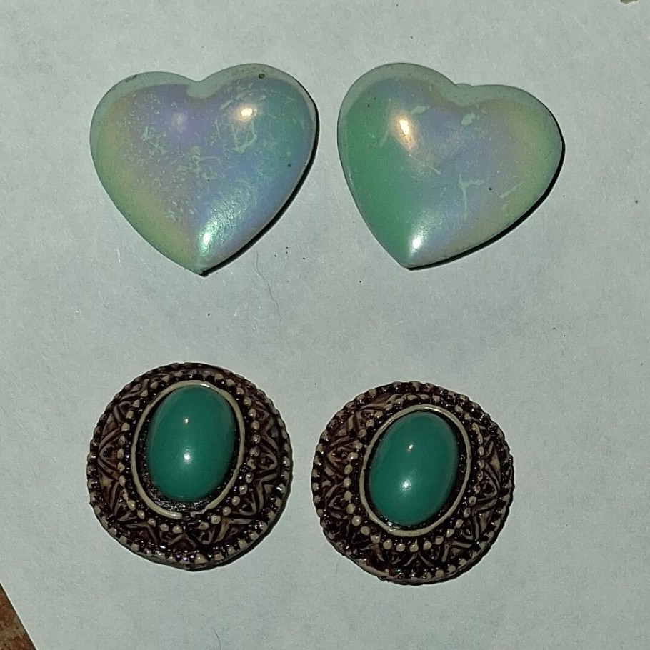 2 Pair Heart Stud & Green Oval Clip-On Earrings Lot, Plastic/Base Metal