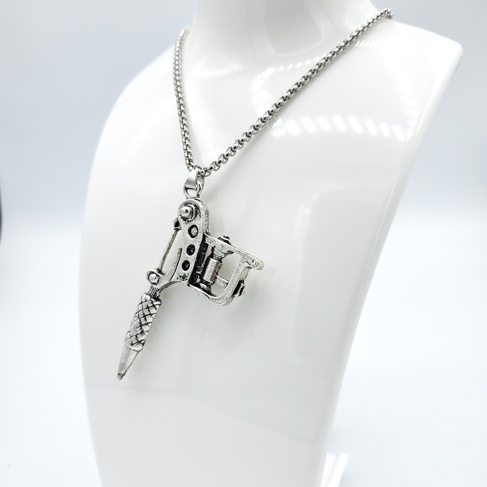 Tattoo Machine Gun SILVER Plated Necklace Ink Needle Rotary Tool Body Artist