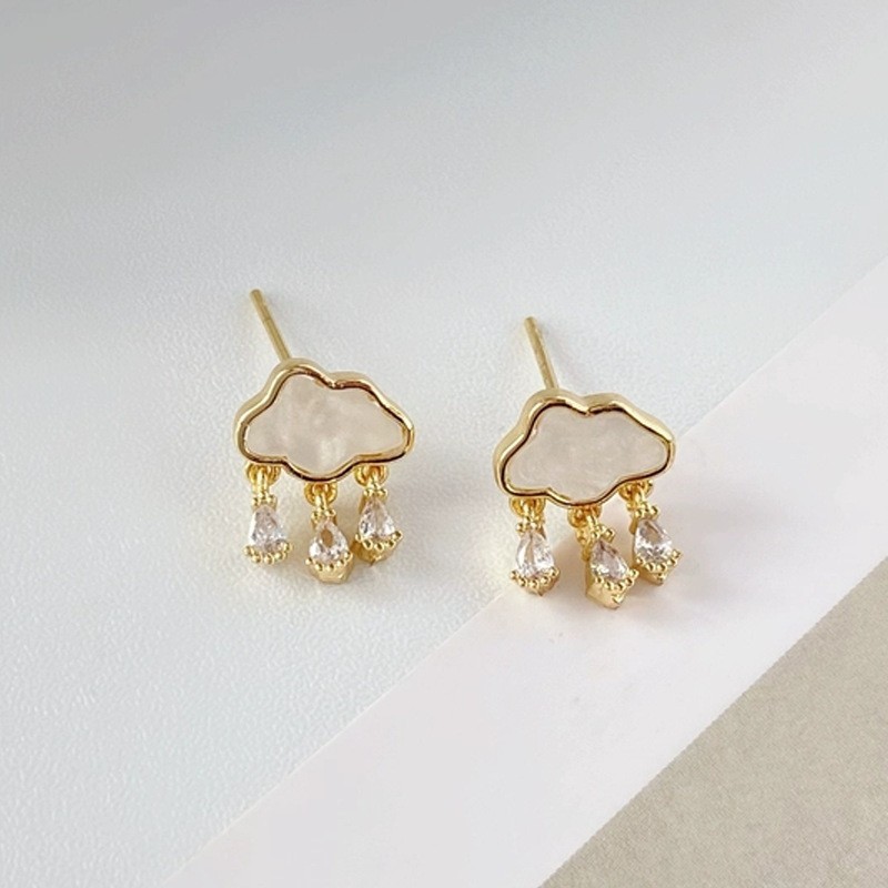 Gold Tone Cloud Drop Earrings with White Enamel and Teardrop CZ Rain Dangle Stud