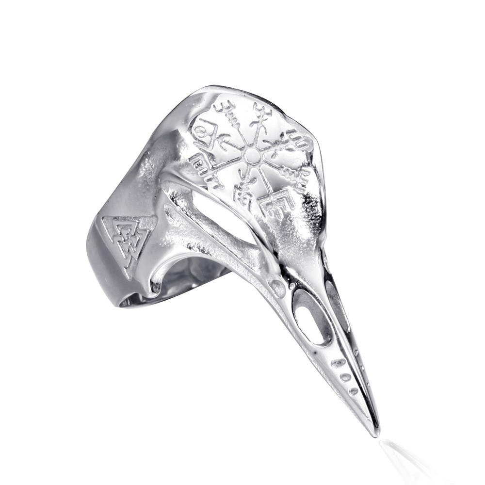 Men Women Viking Crow Skull Ring Stainless Steel Odin Raven Band Vegvisir Gift