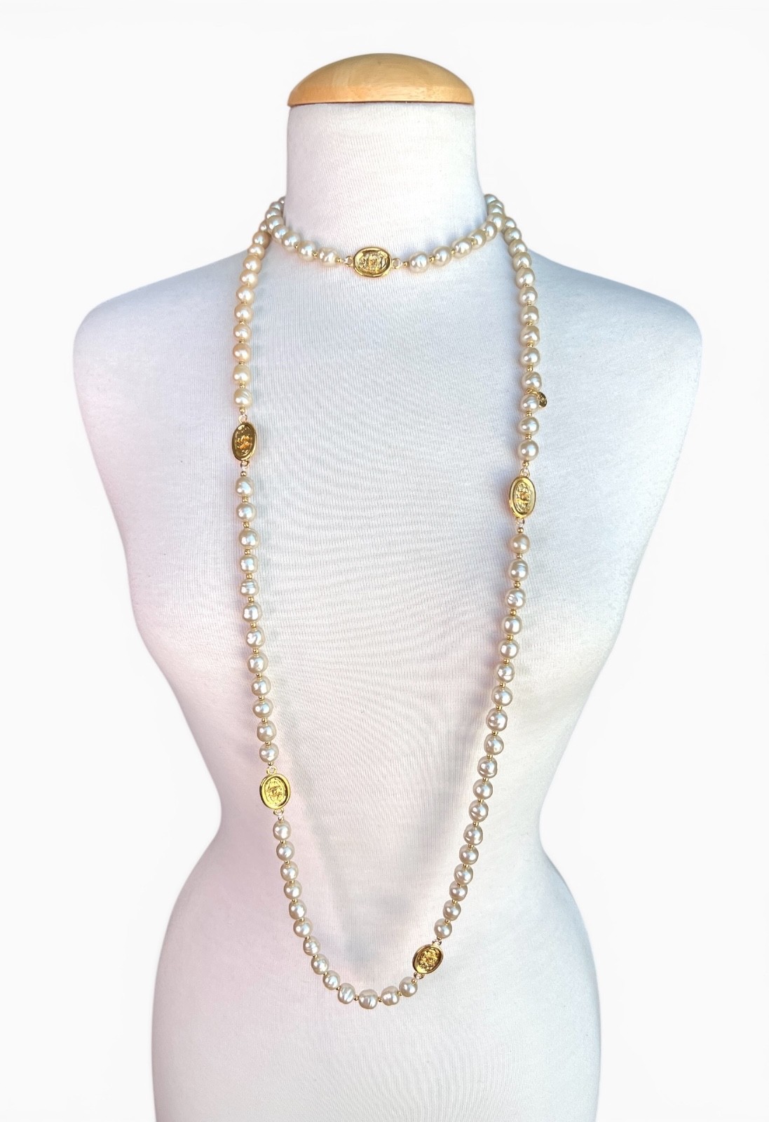 MINT Vintage CHANEL 1981 24K CC Station Faux Pearl Sautoir Necklace Goossens 62″