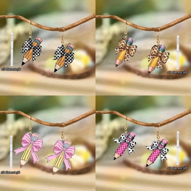 4 Pairs of Acrylic Back-to-school Teacher’s Day Bow Pencil Earrings