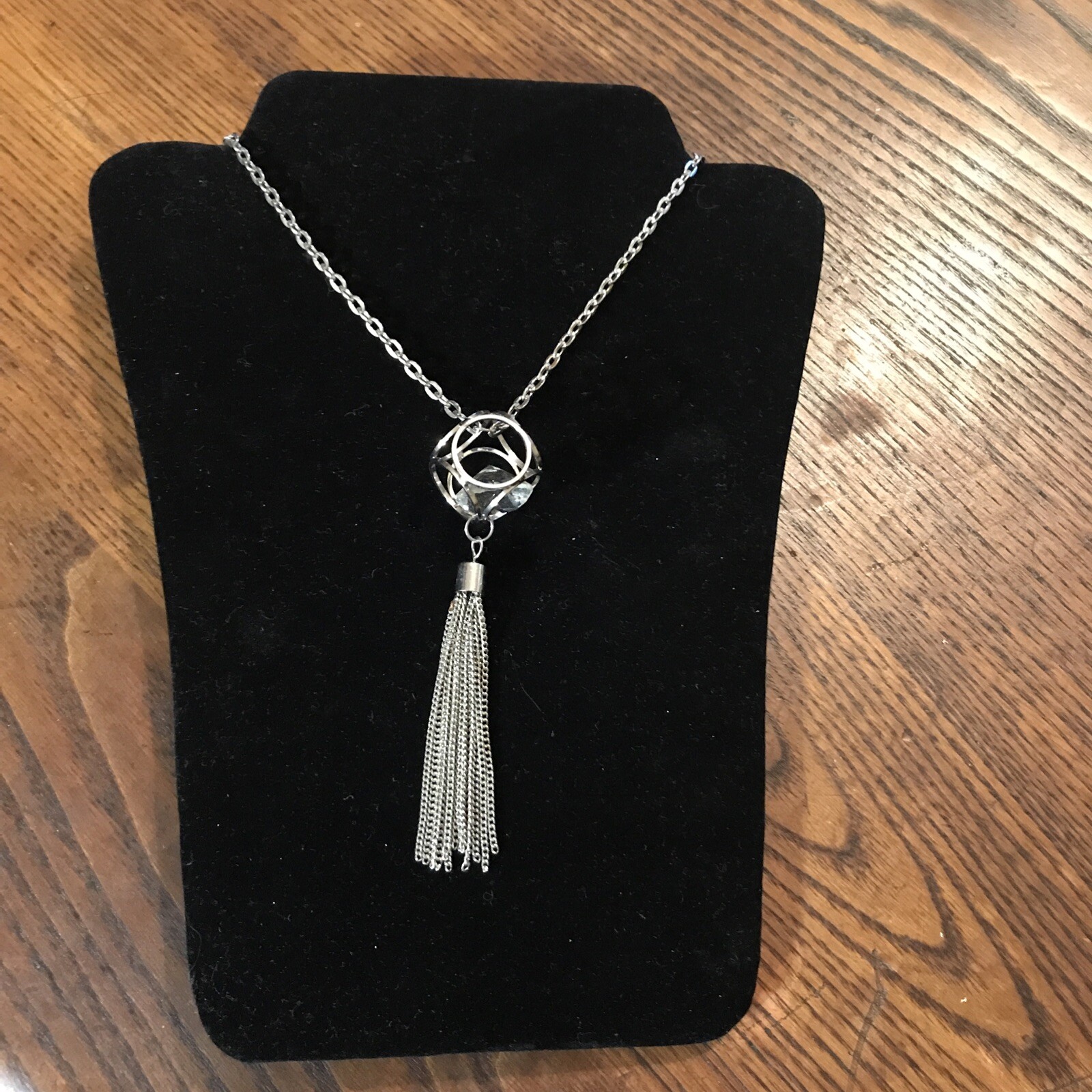 ADULT JEWELS Necklace Tassel Pendant Clear Rhinestone 28” Silvertone Chain