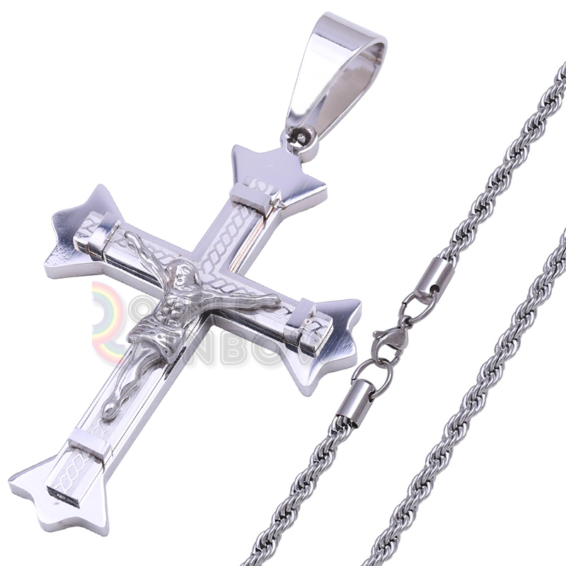 P27 18-36 men Stainless Steel Silver Crucifix Cross Pendant Rope Chain Necklace