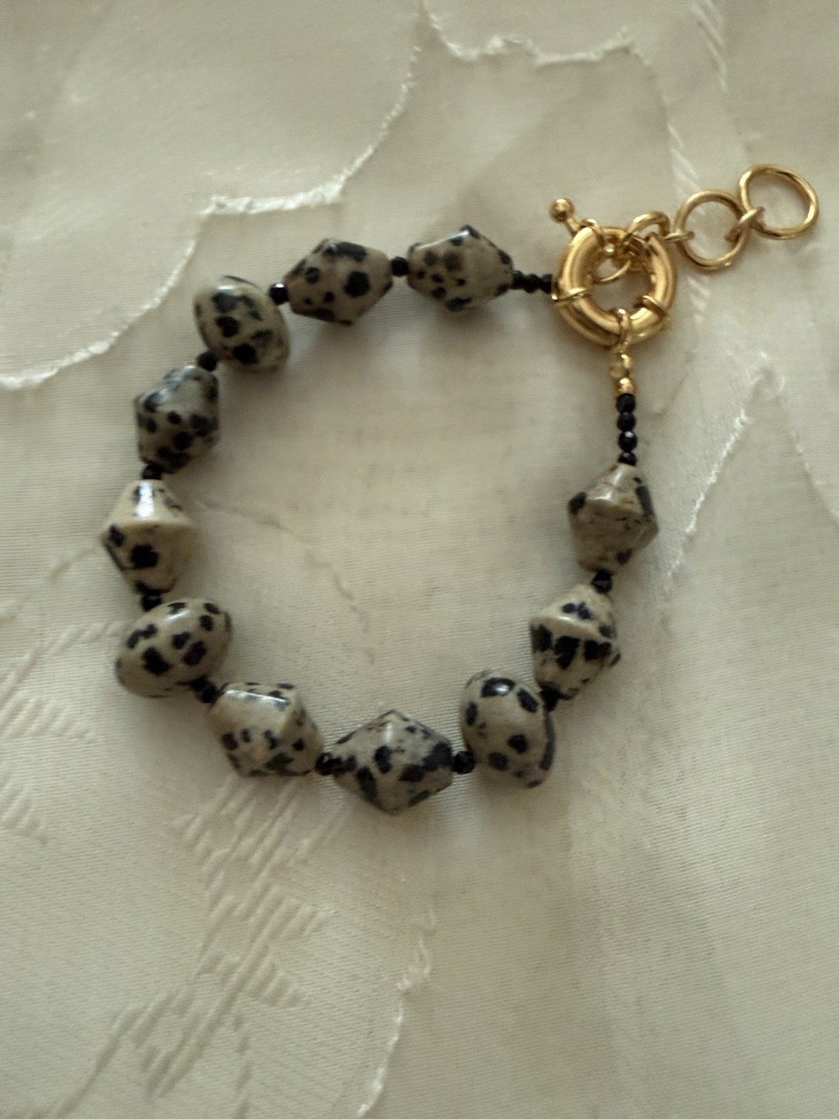 Bracelet 7.25in Dalmatian Jasper With Black Spinal YG Plated Closure