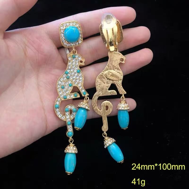 Vintage Gold Leopard Clip On Earrings Turquoise Drop Statement Long Dangle
