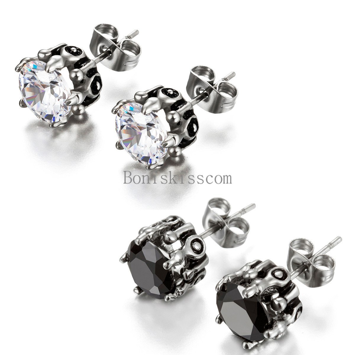 2Pcs Stainless Steel Claw Round Cut Cubic Zirconia Stud Earrings Men’s Women’s