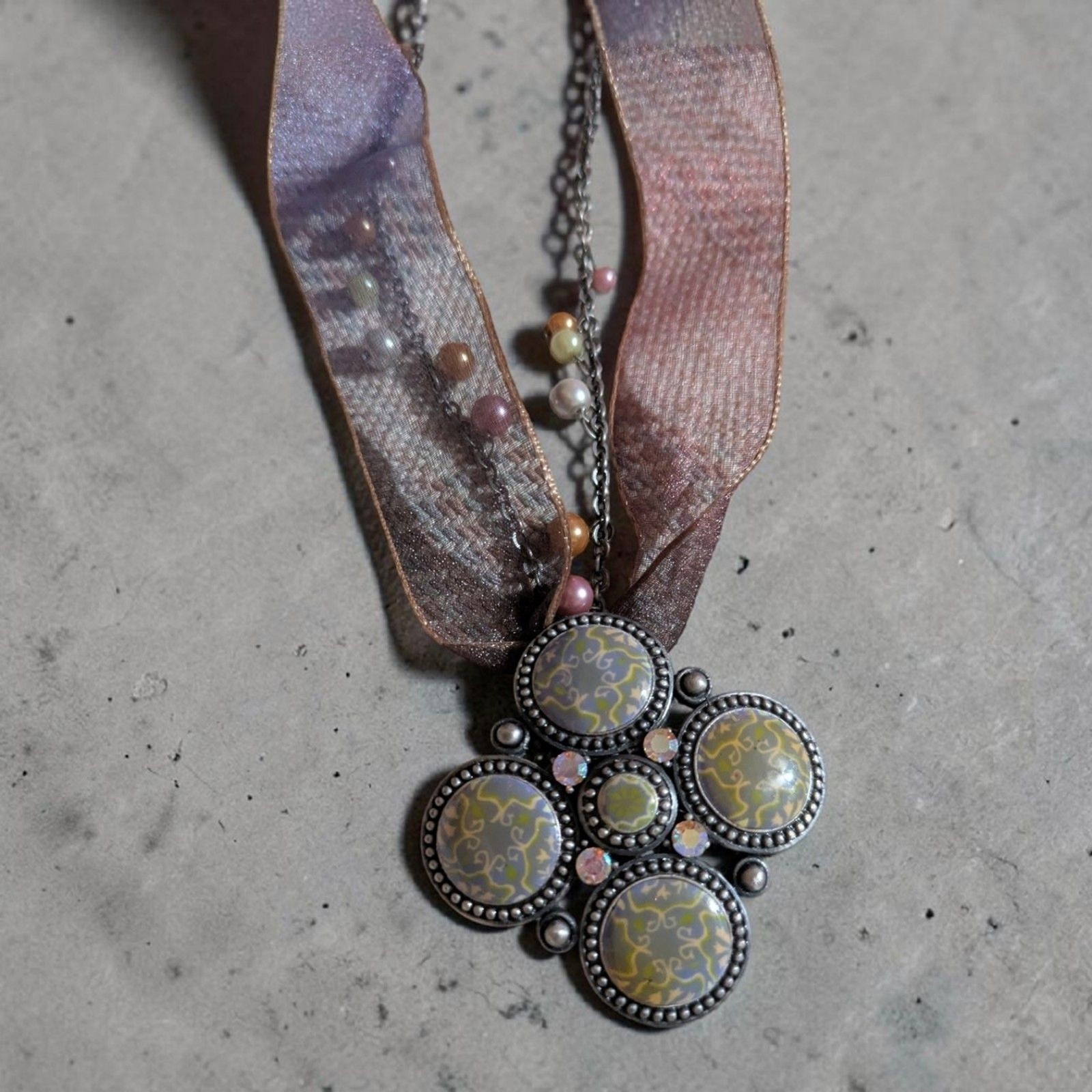 Boho Ribbon Choker Necklace Pink Purple Iridescent Pendant Fairycore Cottagecore