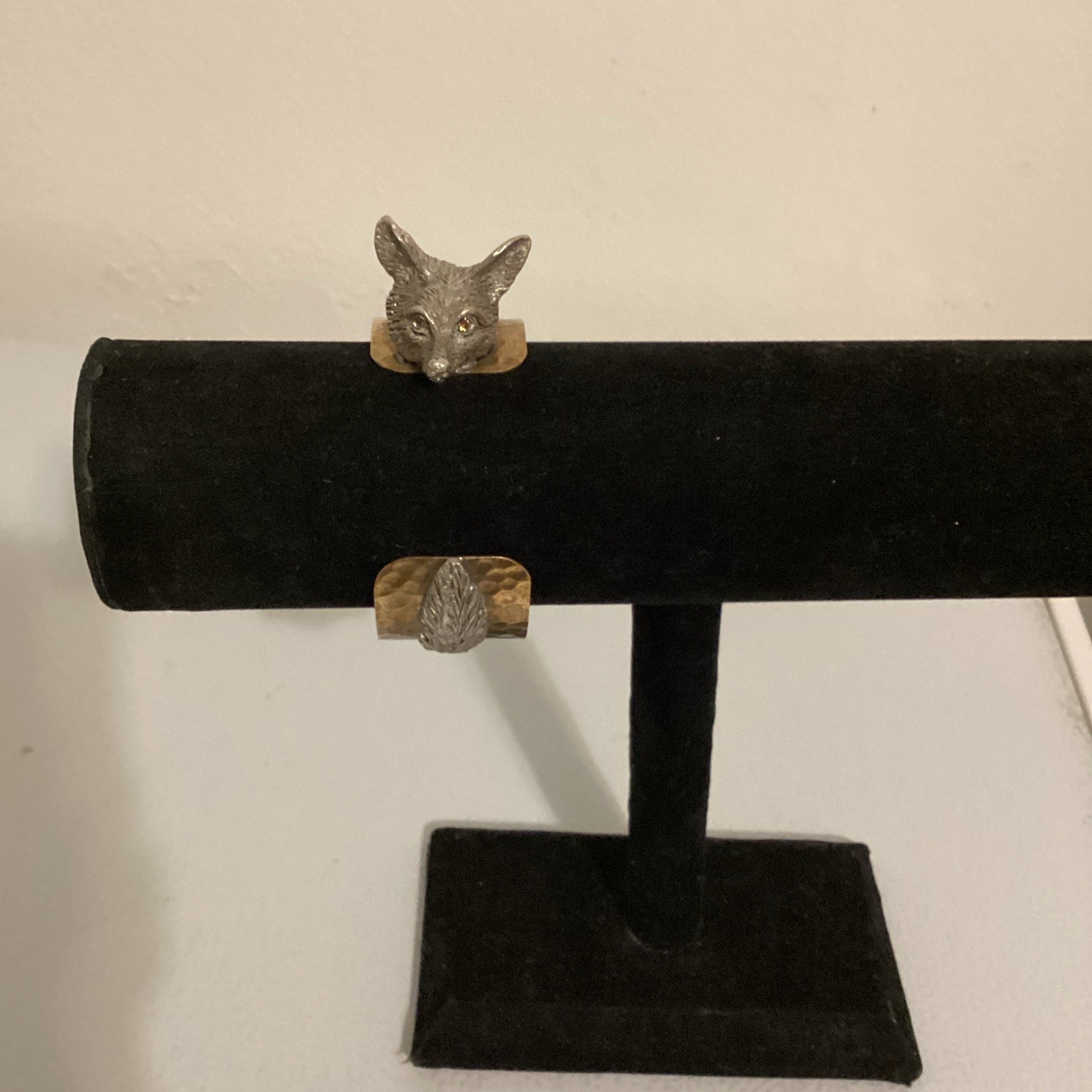 Brass Open-Ended Cuff Bangle Bracelet Gold Tone w/ Silver Tone Fox Head Tail