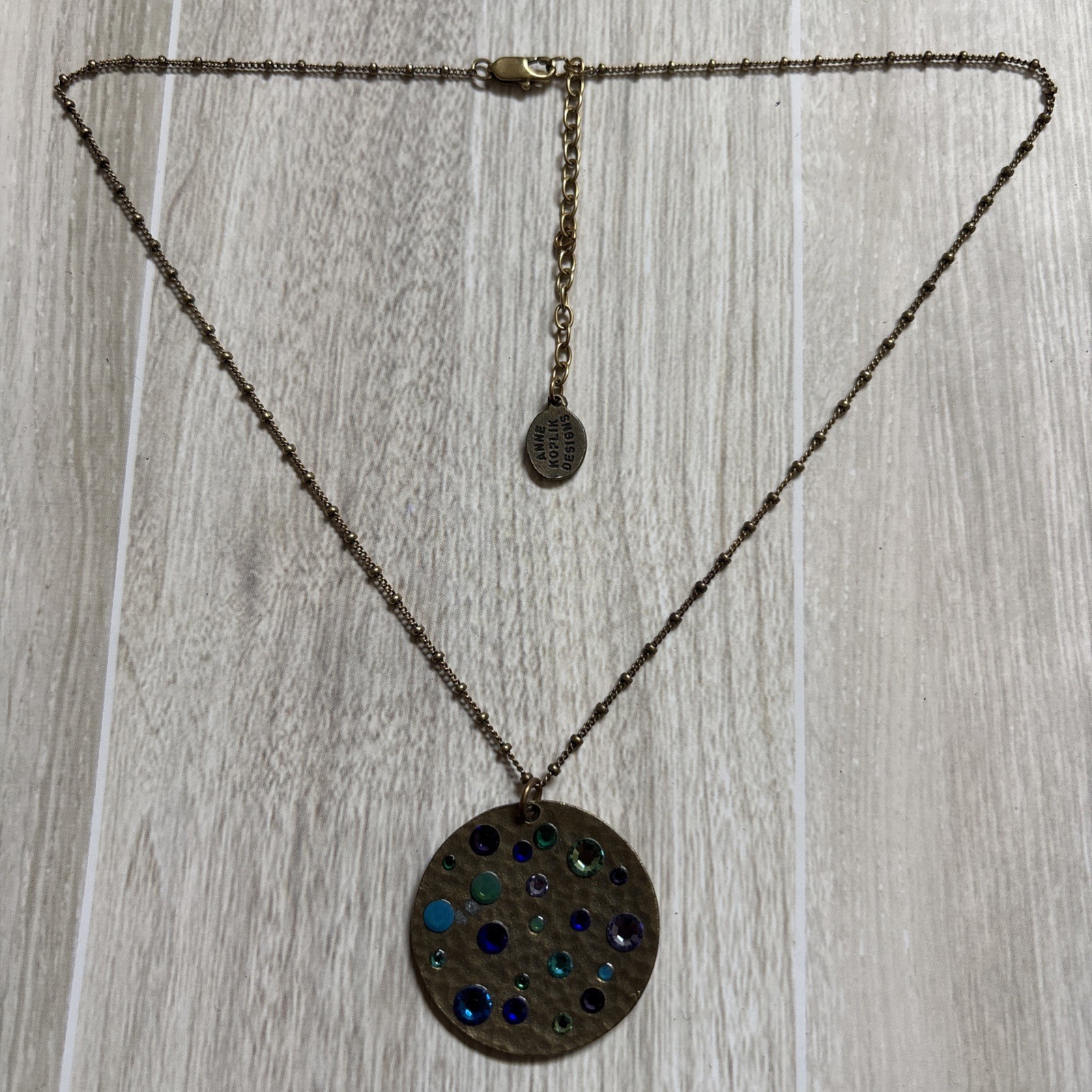 Anne Koplik Designs Necklace Antiqued Gold Tone Pendant Clear Crystal Signed