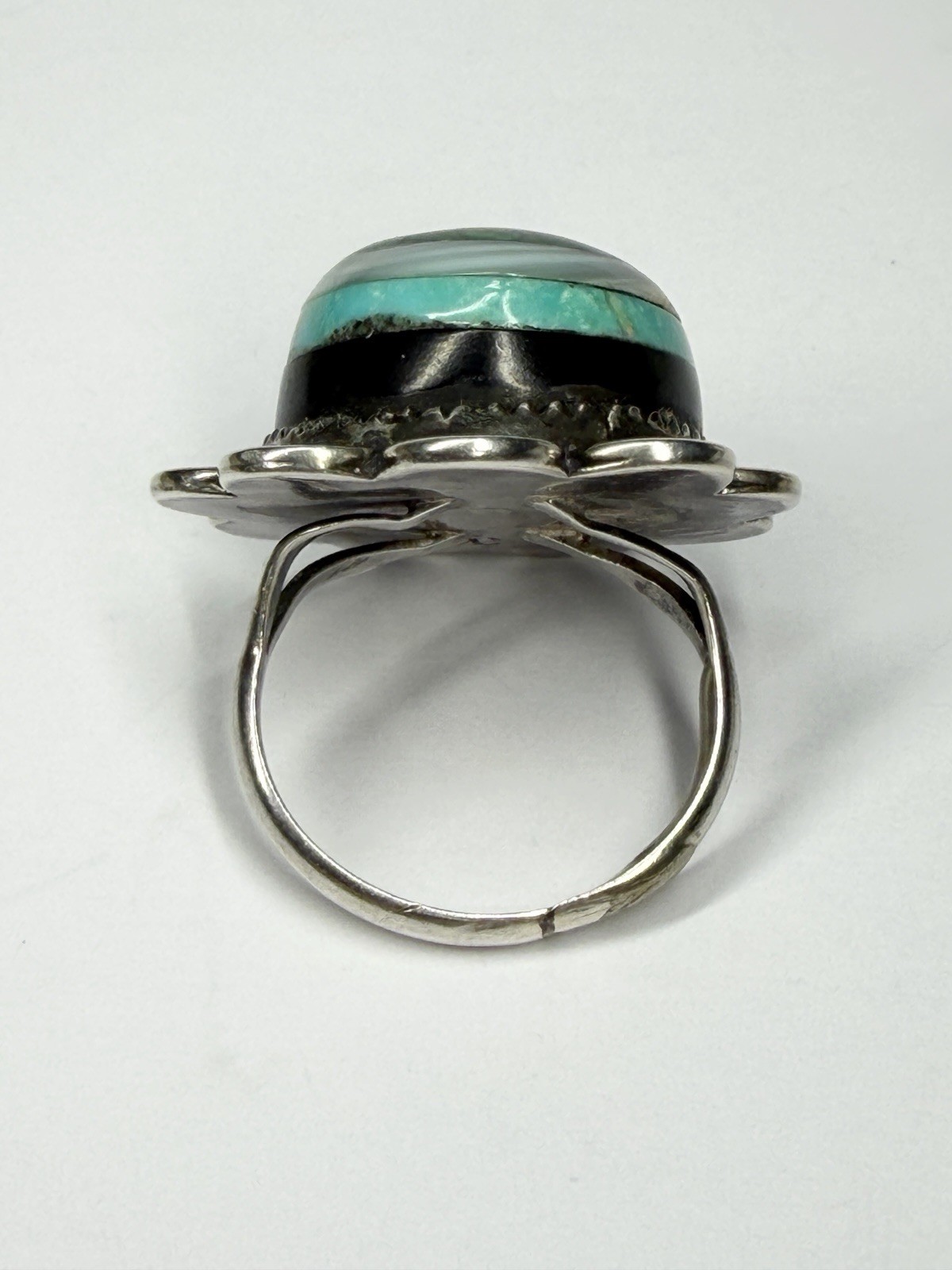Vintage Navajo SC Sterling Silver Multi Stone Inlay Ring Size 7