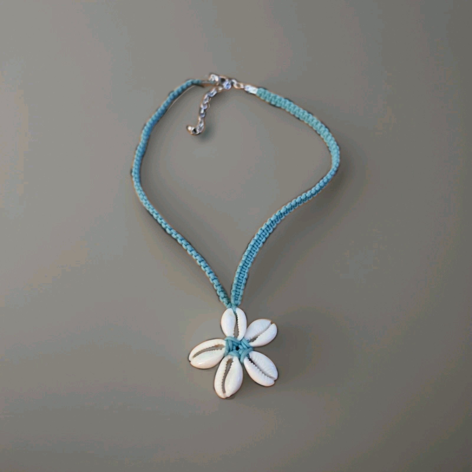 Boho Teal Macrame Choker Necklace Genuine Cowrie Shell Flower Pendant Beach