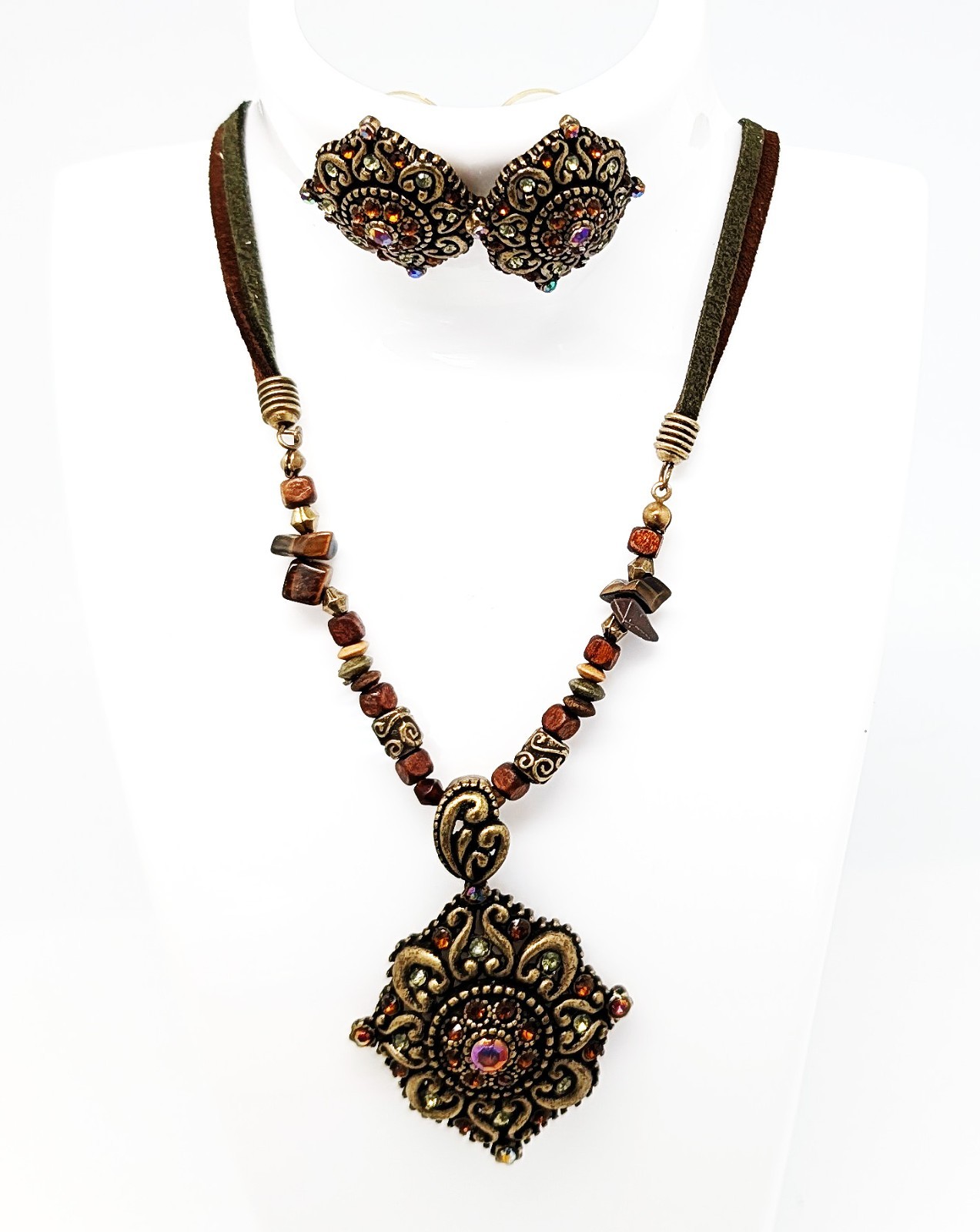 DESIGNER INSPIRED 18 in GOLD BROWN CRYSTAL BRONZE TONE METAL OVAL JEWELRY SET