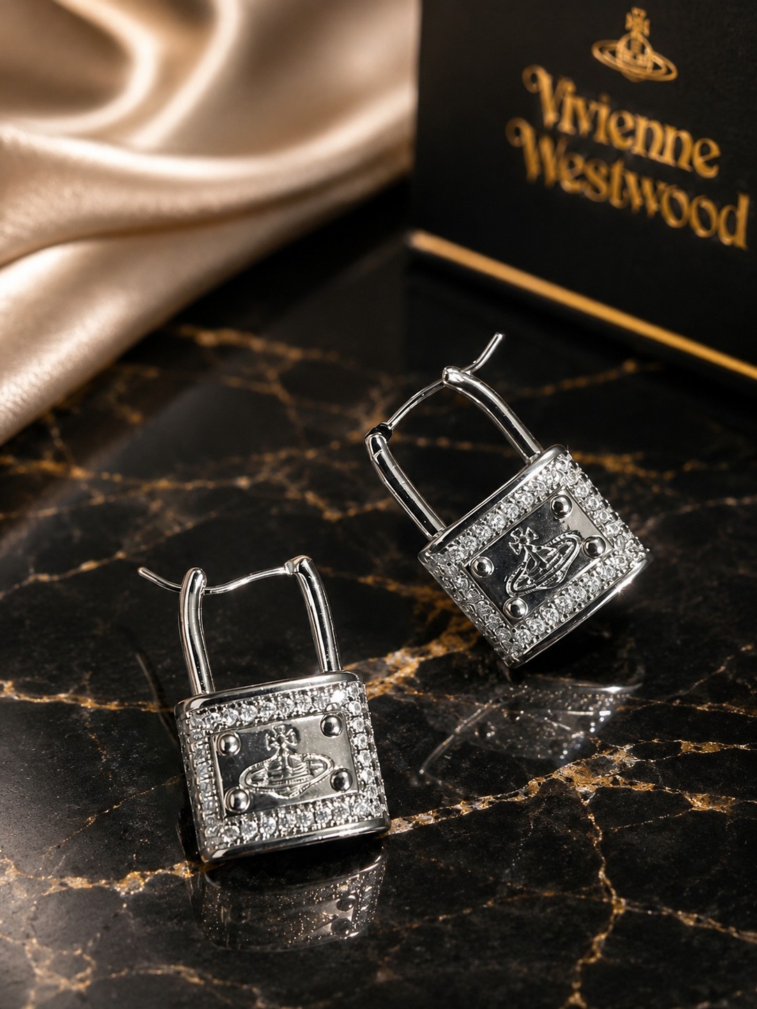 SATURN orb planet Padlock Hoop Earrings – Silver Tone Pavé Statement Jewelry