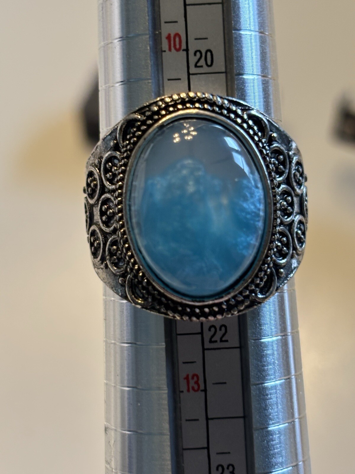 Blue Gemstone Statement Ring Silver Plated Court Style Sz 11 Larimar