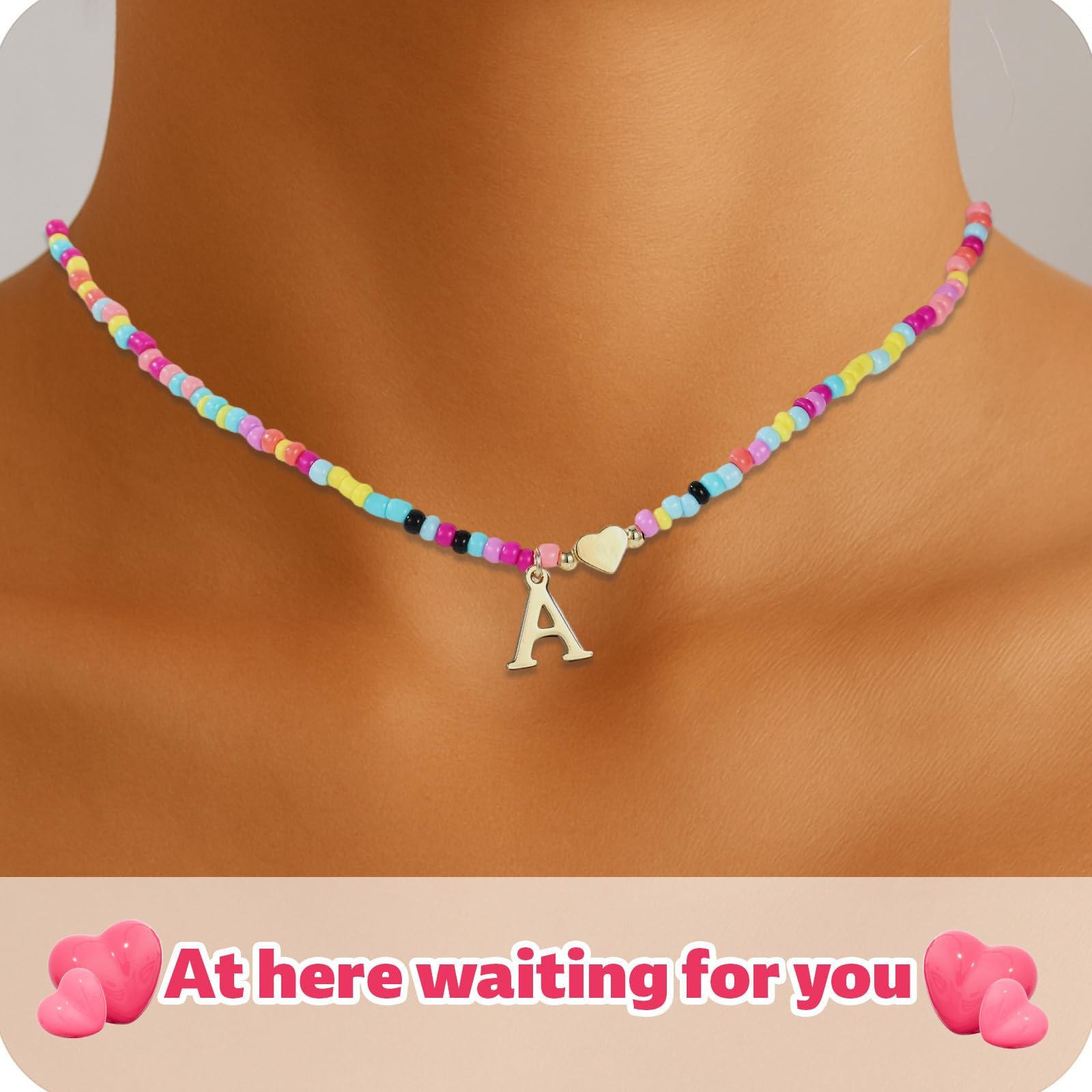 Mikovivi Colorful Beaded Initial Necklace, Boho Style, Adjustable Length,