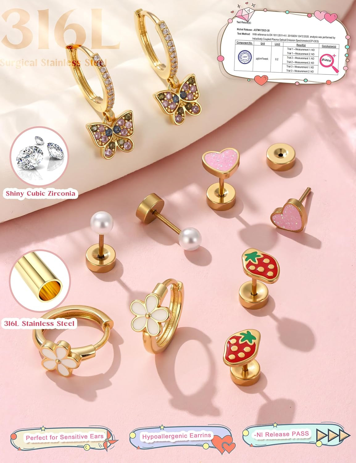 Hypoallergenic Earrings for Girls Flat Back-Stainless Surgical Steel Earrings fo