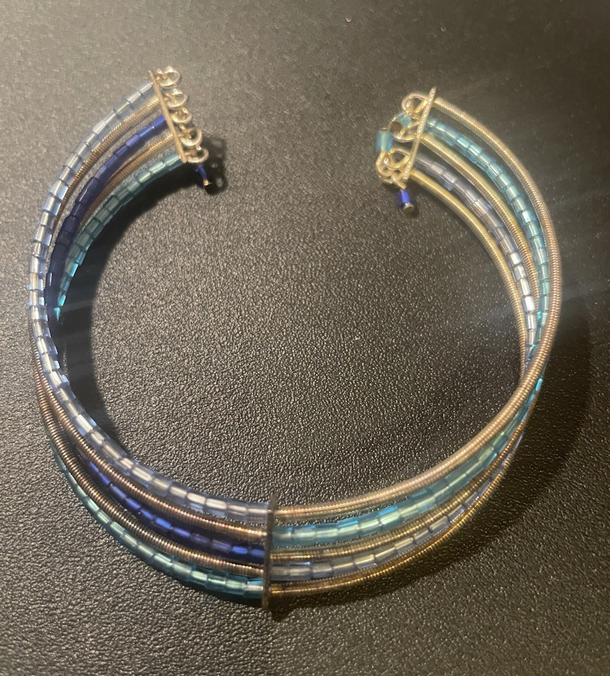 Blue Glass Beaded Cuff Bracelet Silver Tone Hook Closure Less Than 8 in