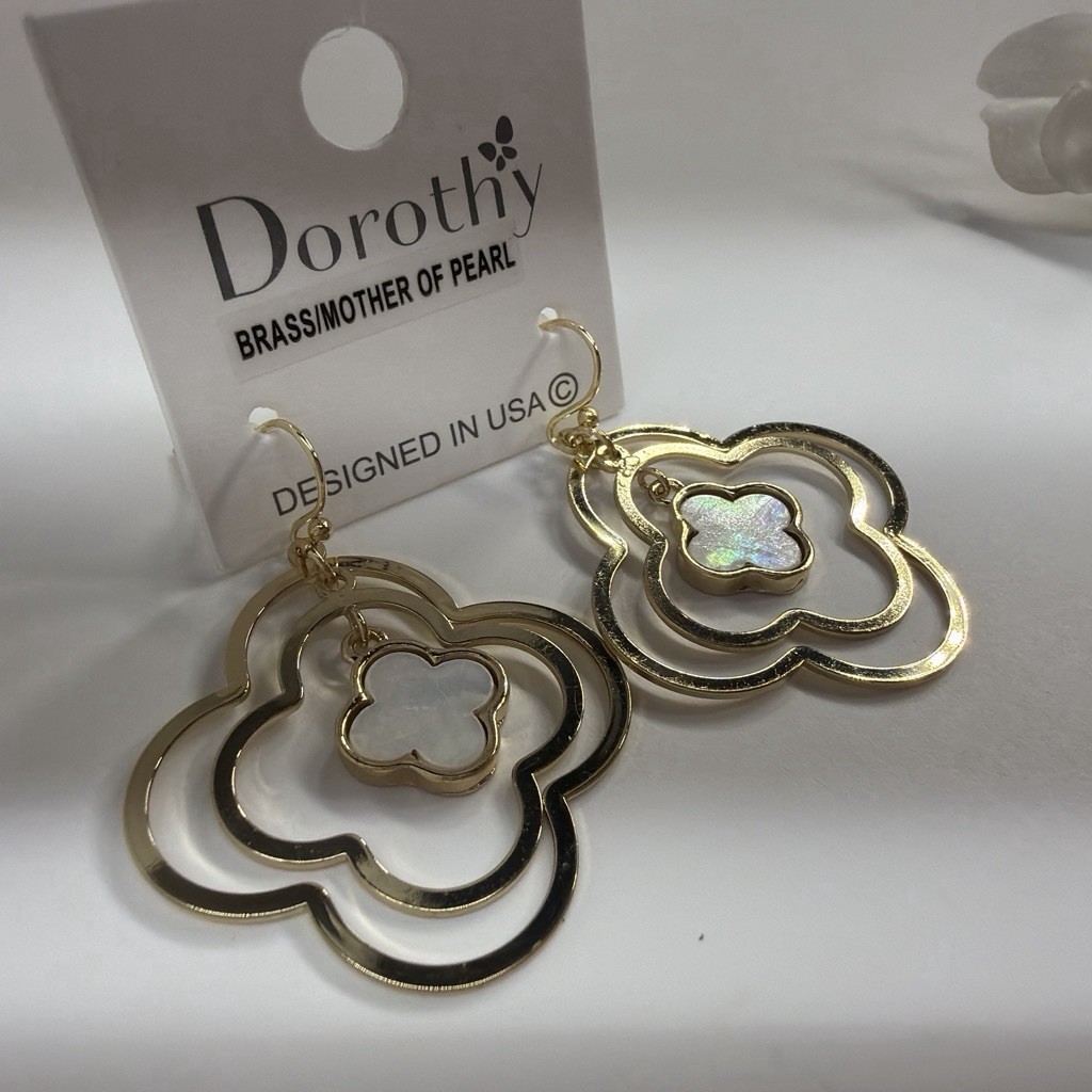Gold Tone Mother of Pearl Dangle Drop Hook Earrings