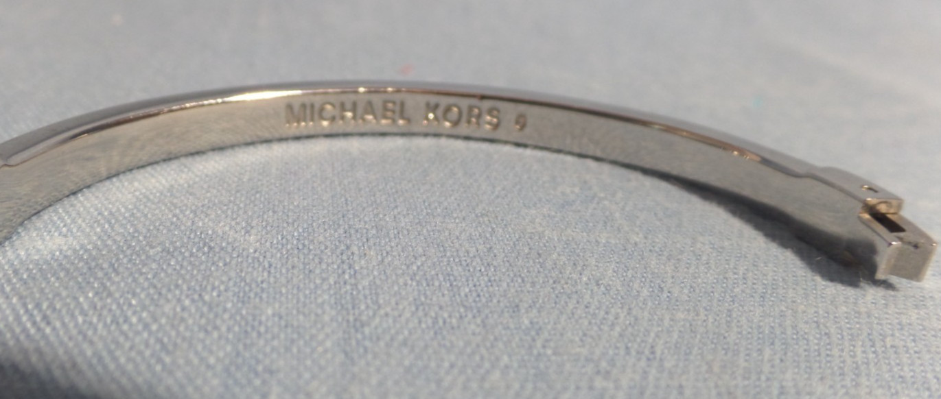 Michael Kors 9 Silver Hinge Bangle Bracelet Crystals Snap Lock