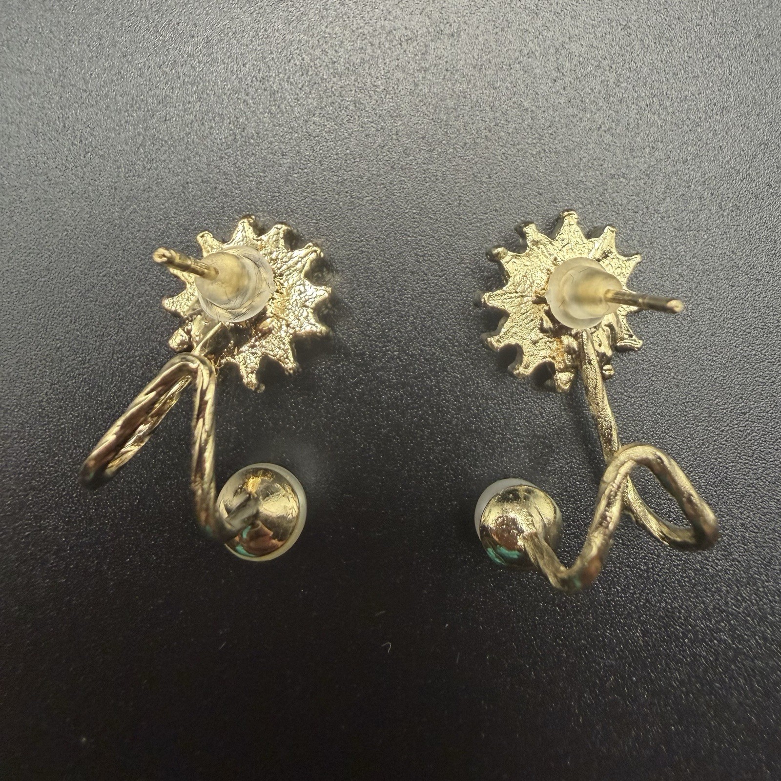 Gold Tone Rhinestone Sunburst & Pearl Twist Lobe Hugger Stud Cuff Earrings New