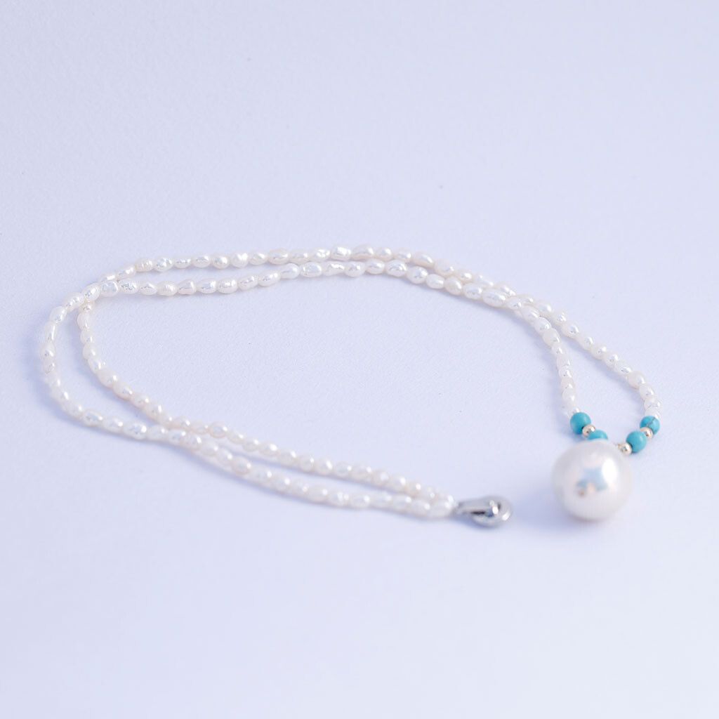 DL84 46cm Elegant White Freshwater pearl necklace 13.8×20.3mm pendant Turquoise