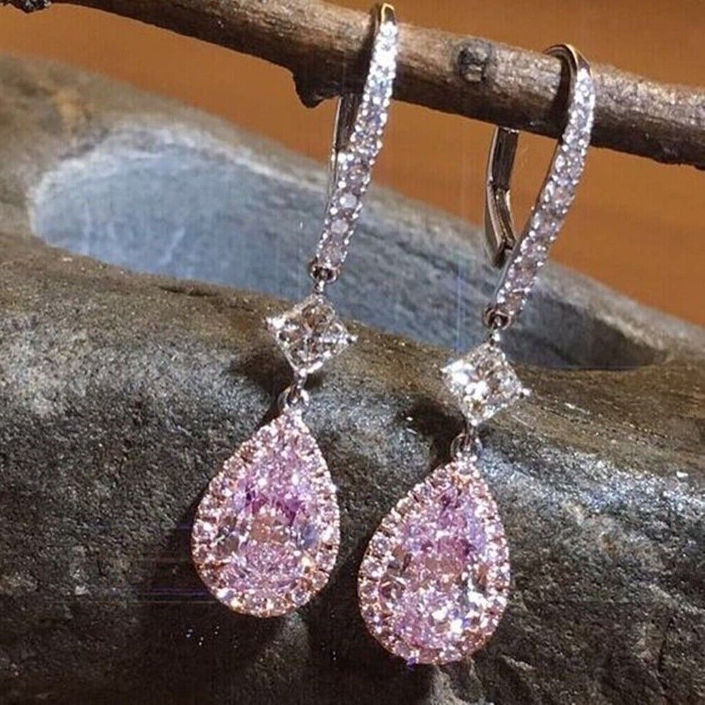 2CT Pear Cut Simulated Pink Sapphire Drop Dangle Earrings 14K White Gold Plated
