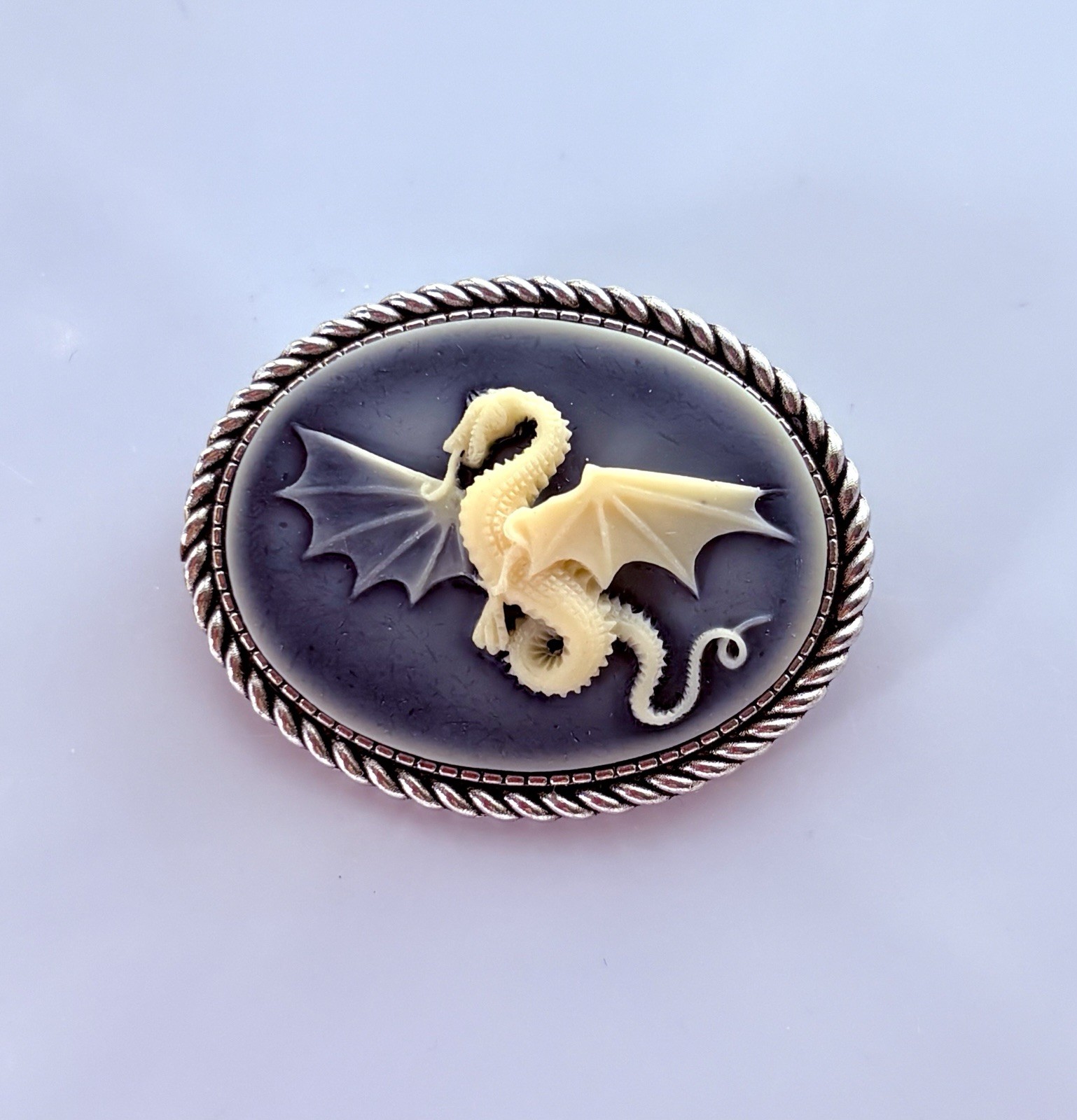 Dragon Cameo Brooch Pin, Antique Silver pltd, Dungeon and Dragons Gothic Hat Pin