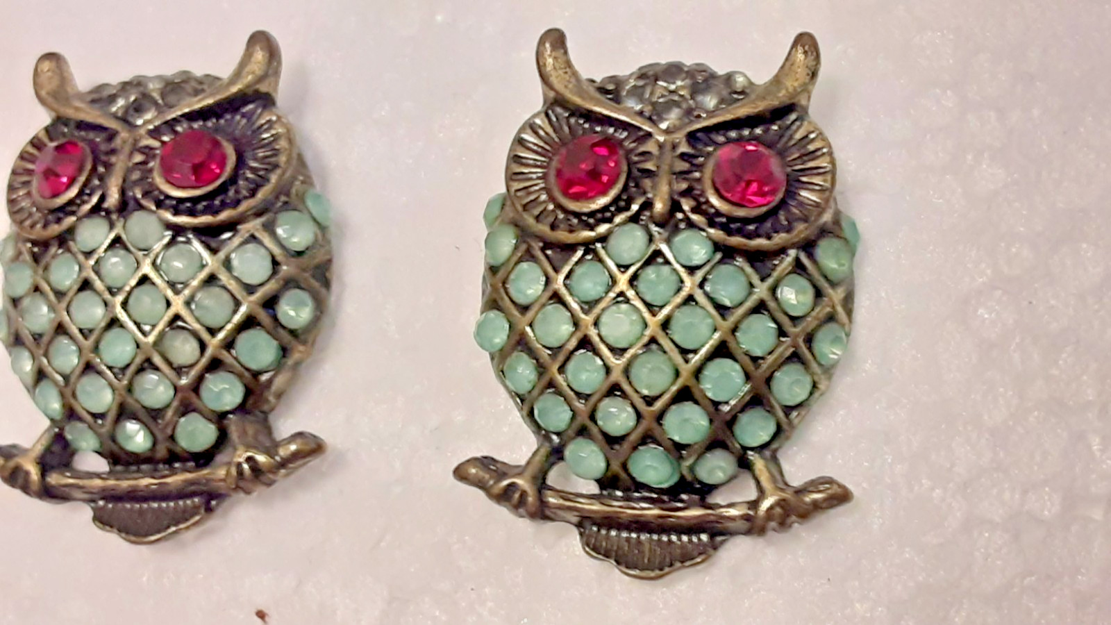 Owl Earrings Pierced Vintage RS blue Red Clear Gold Tone 1″ x 3/4″ Good Quality
