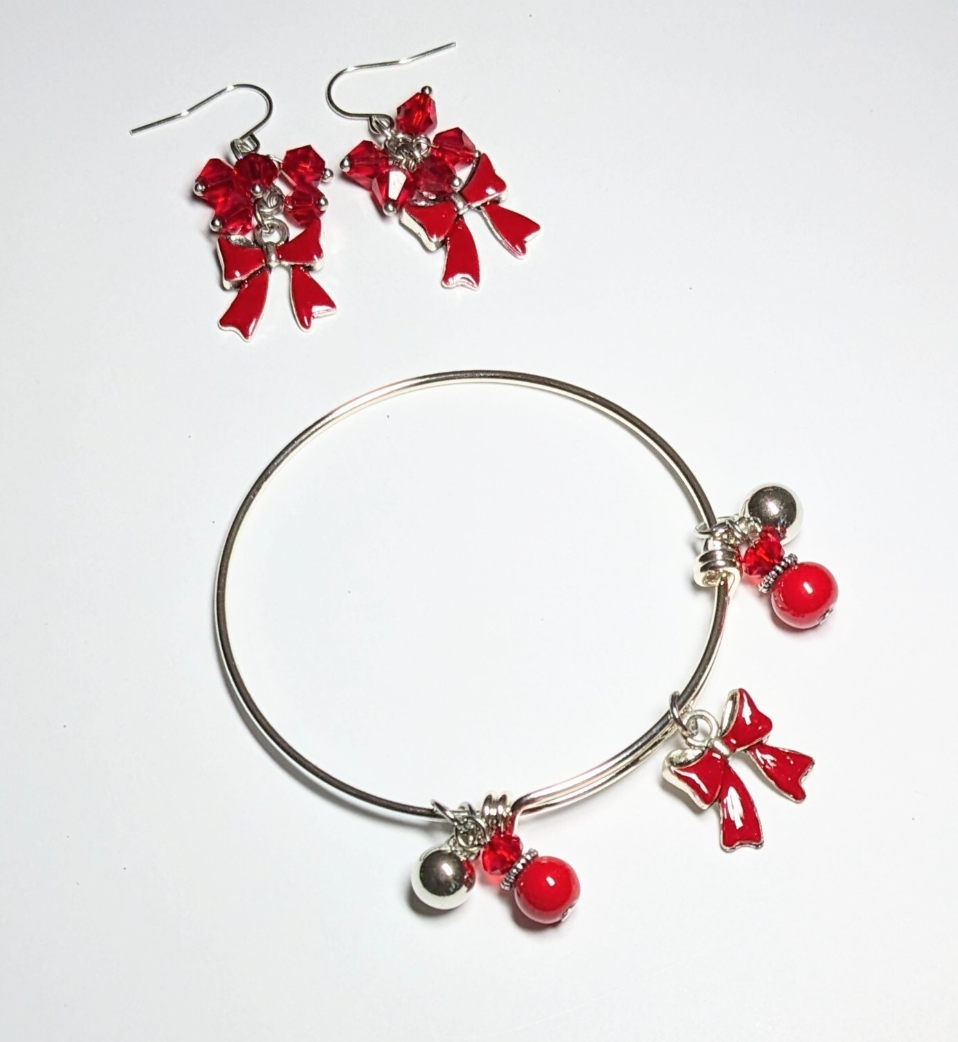 Christmas Bracelet Bangle Earring set Red Bow Gift Teen Woman