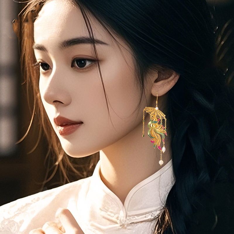 Chinese Style Nine Tail Fox Earrings Filigree Enamel Pearl Tassel Dangle