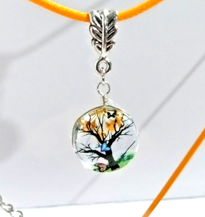 Pressed Flower Tree Charm Pendant Necklace Yellow/Orange Butterfly NEW!