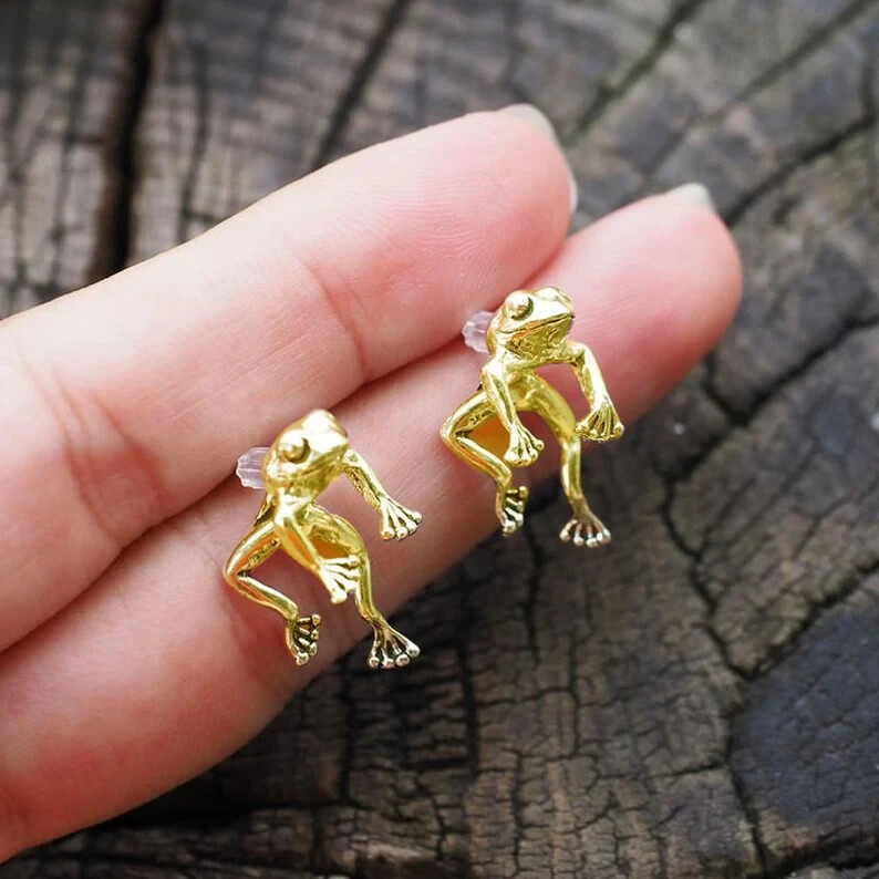 Frog Earring, Cute Gold Frog Earring Studs, Animal Jewelry Gifts, Fun Earring