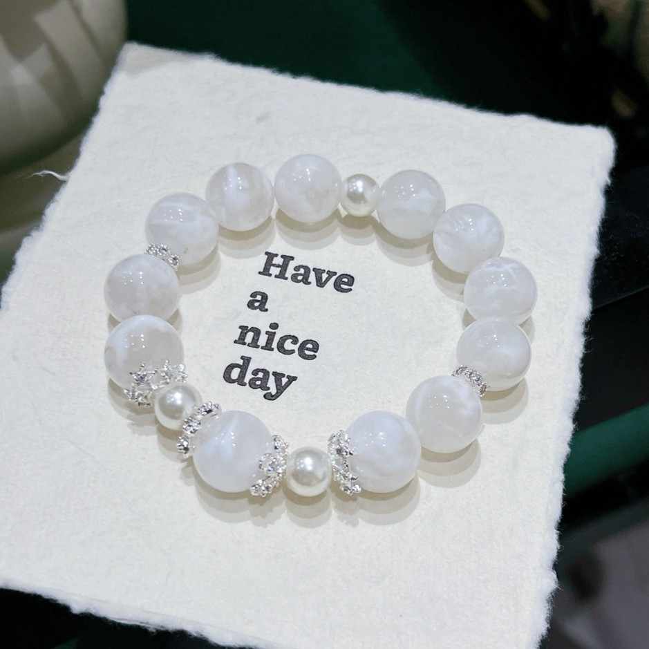 13mm Natural White Snowflake Phantom Crystal Beaded Handmade Bracelet