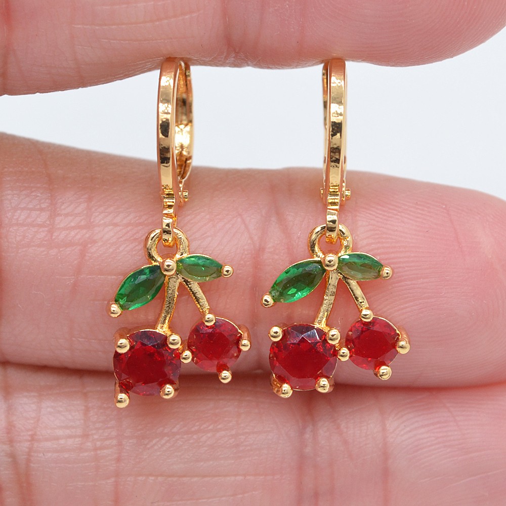 18K Yellow Gold Filled Women Multicolor Topaz Cute Cherry Dangle Earrings